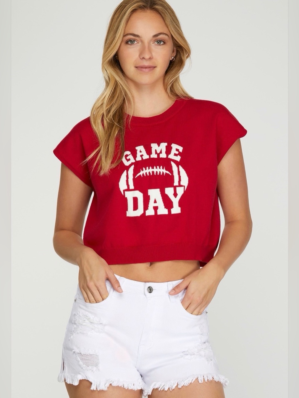 She & Sky Red Perfect Knitted Cropped Gameday Top